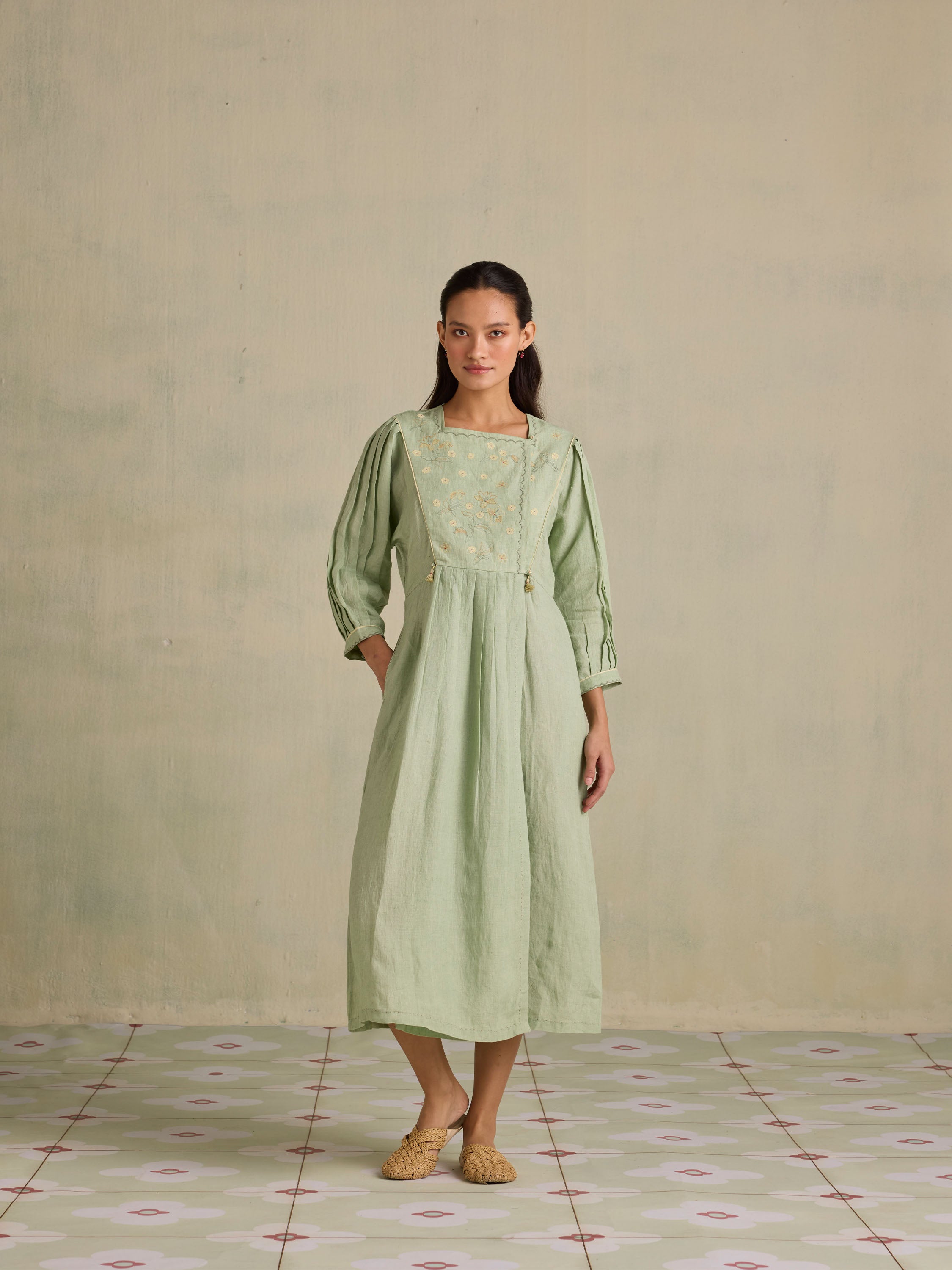 Serene Forest Linen Dress