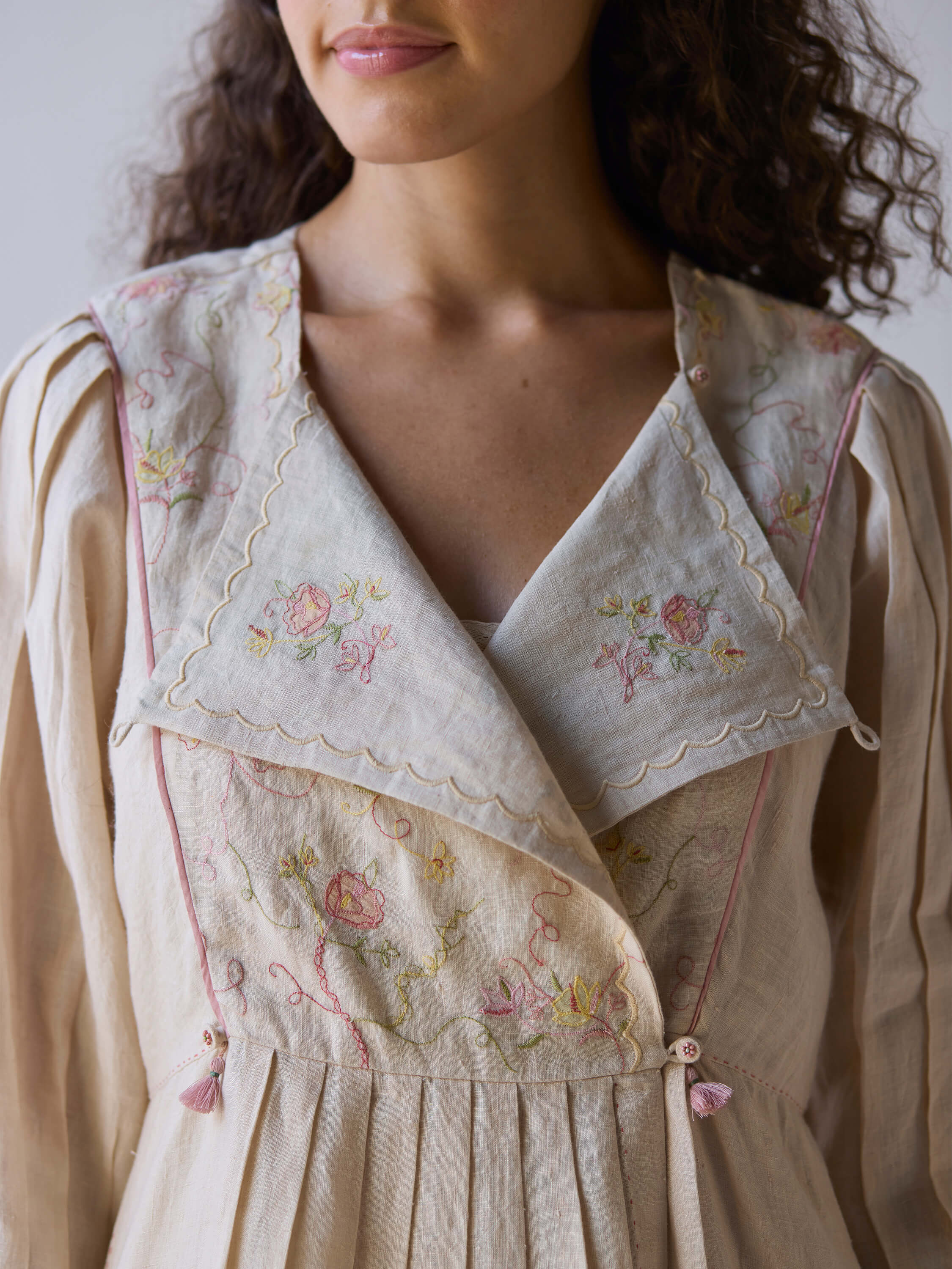 Golden Days Linen Dress with floral embroidery and stylish collar detail.