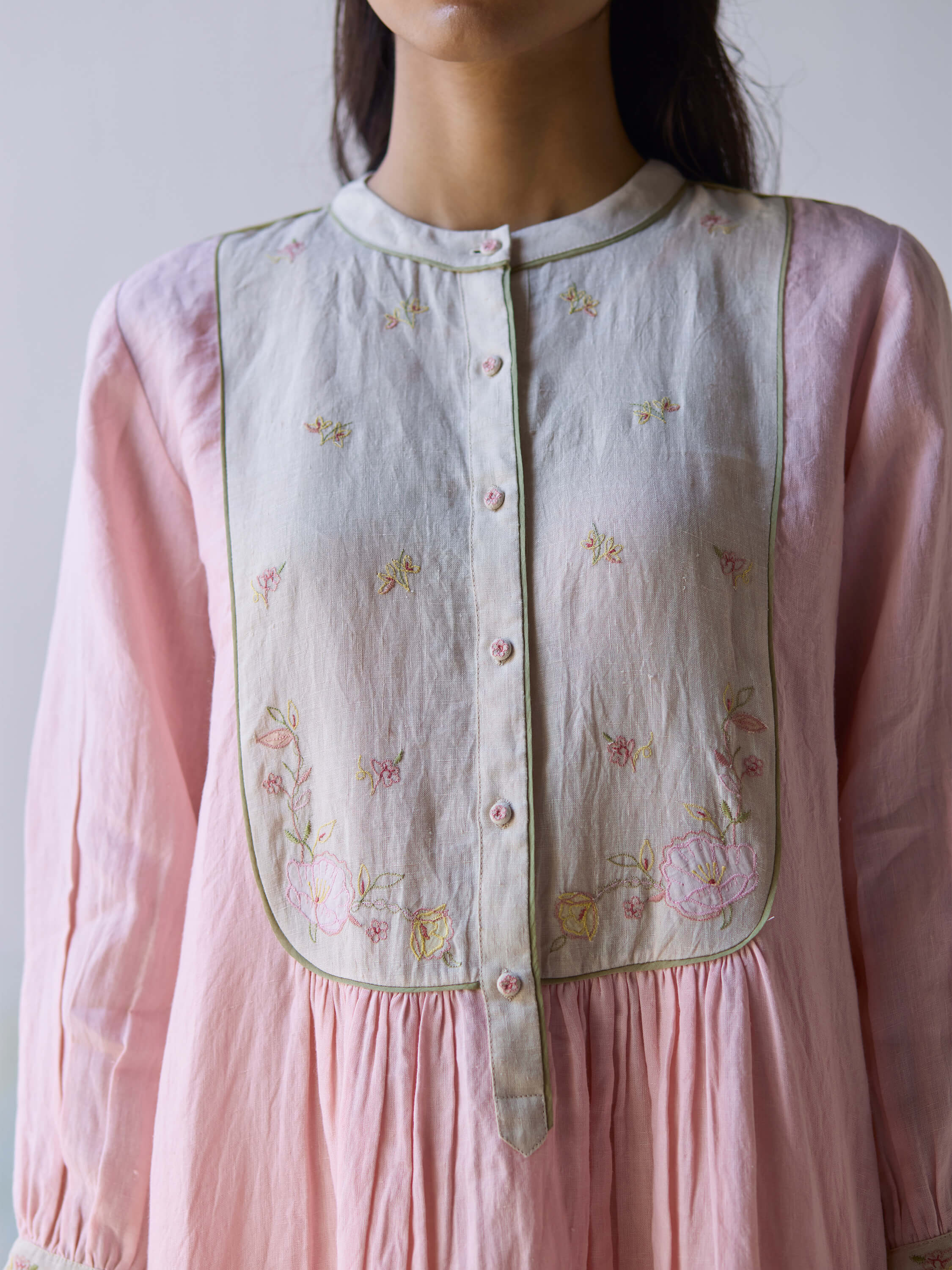 "In the Moment Linen Dress with floral embroidery in soft pink."