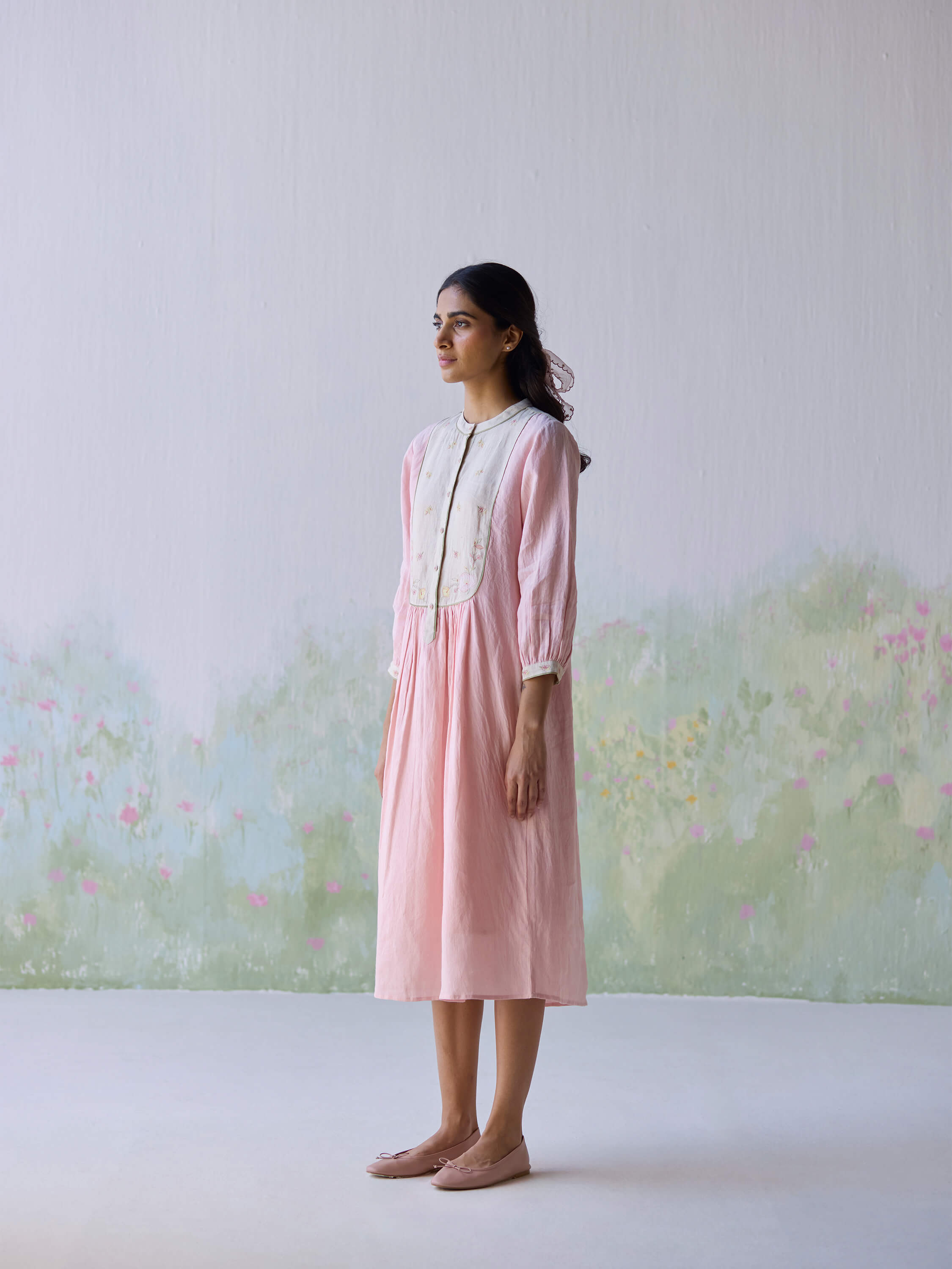 Model wearing the In the Moment Linen Dress in soft pink.