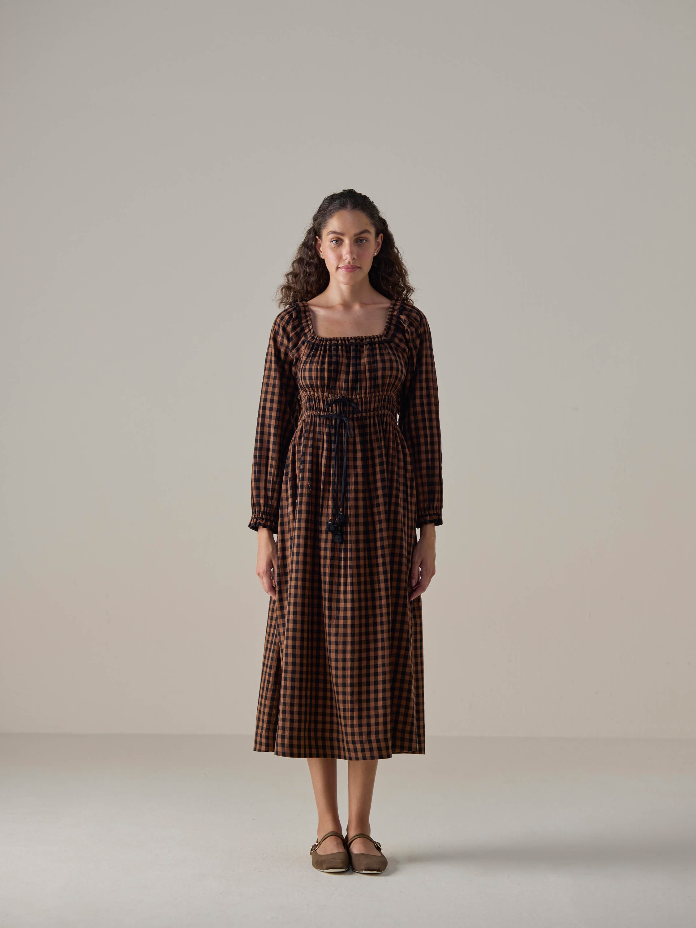 Mocha Check Shirred Dress