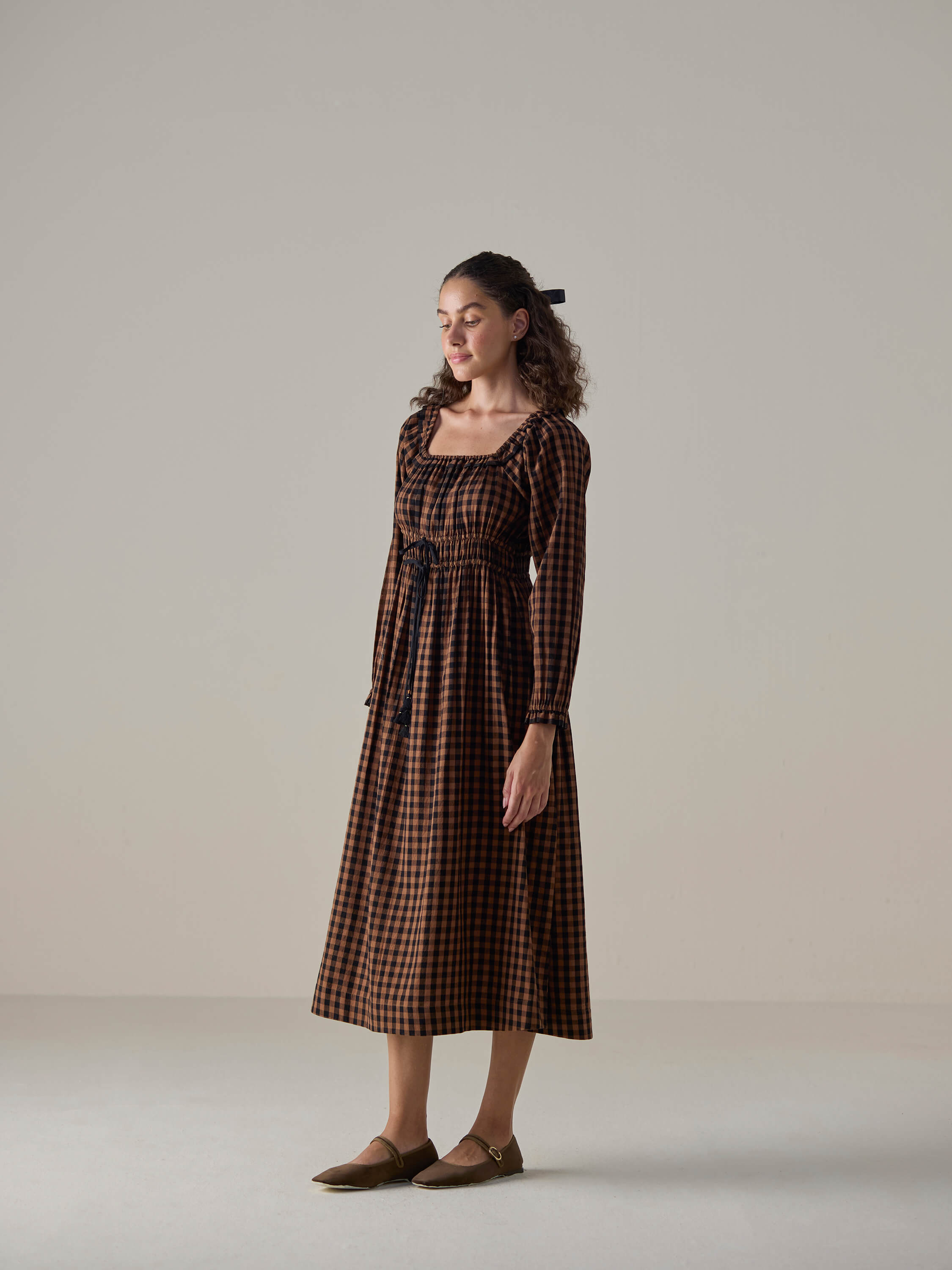 Mocha Check Shirred Dress