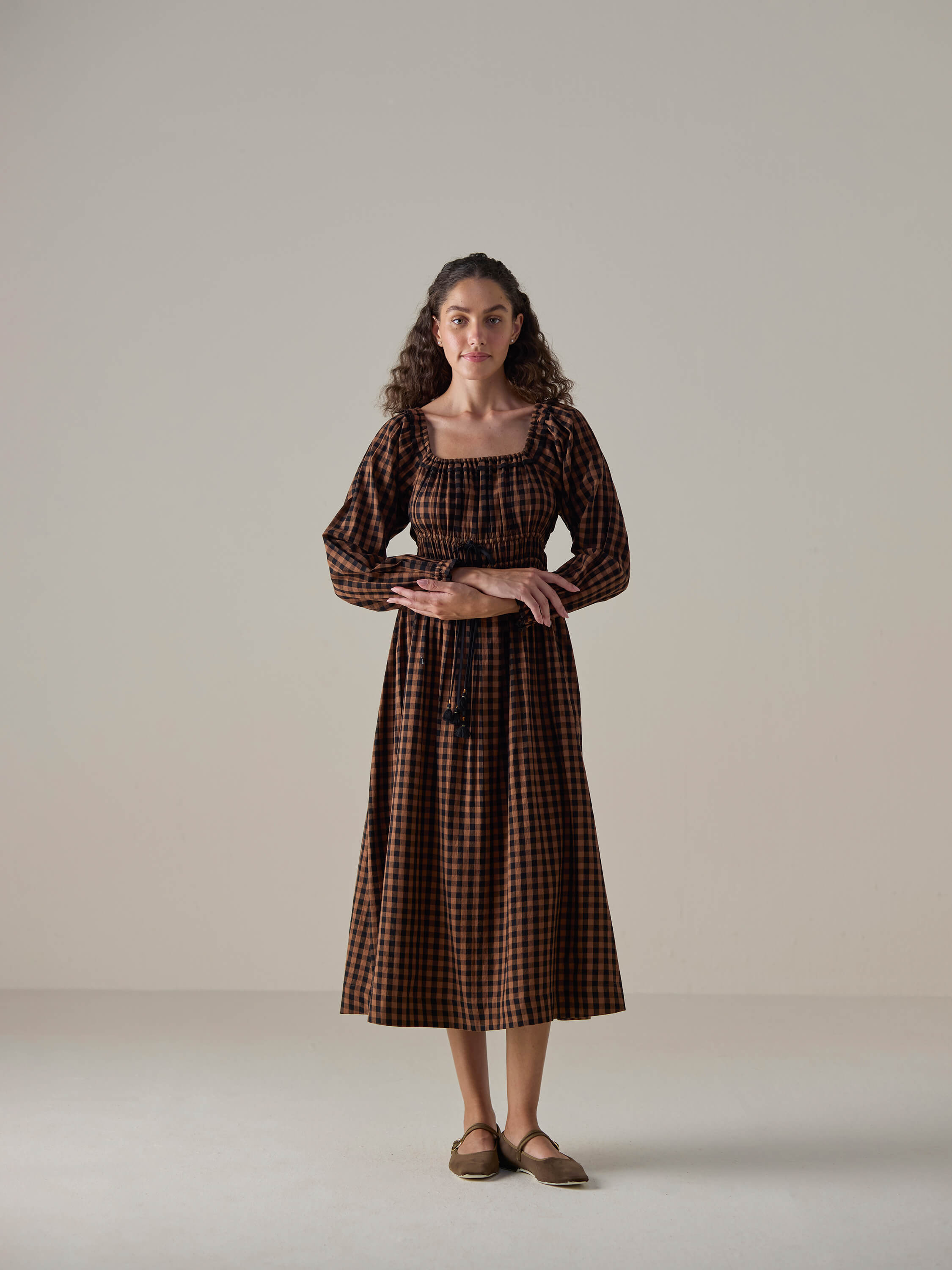 Mocha Check Shirred Dress