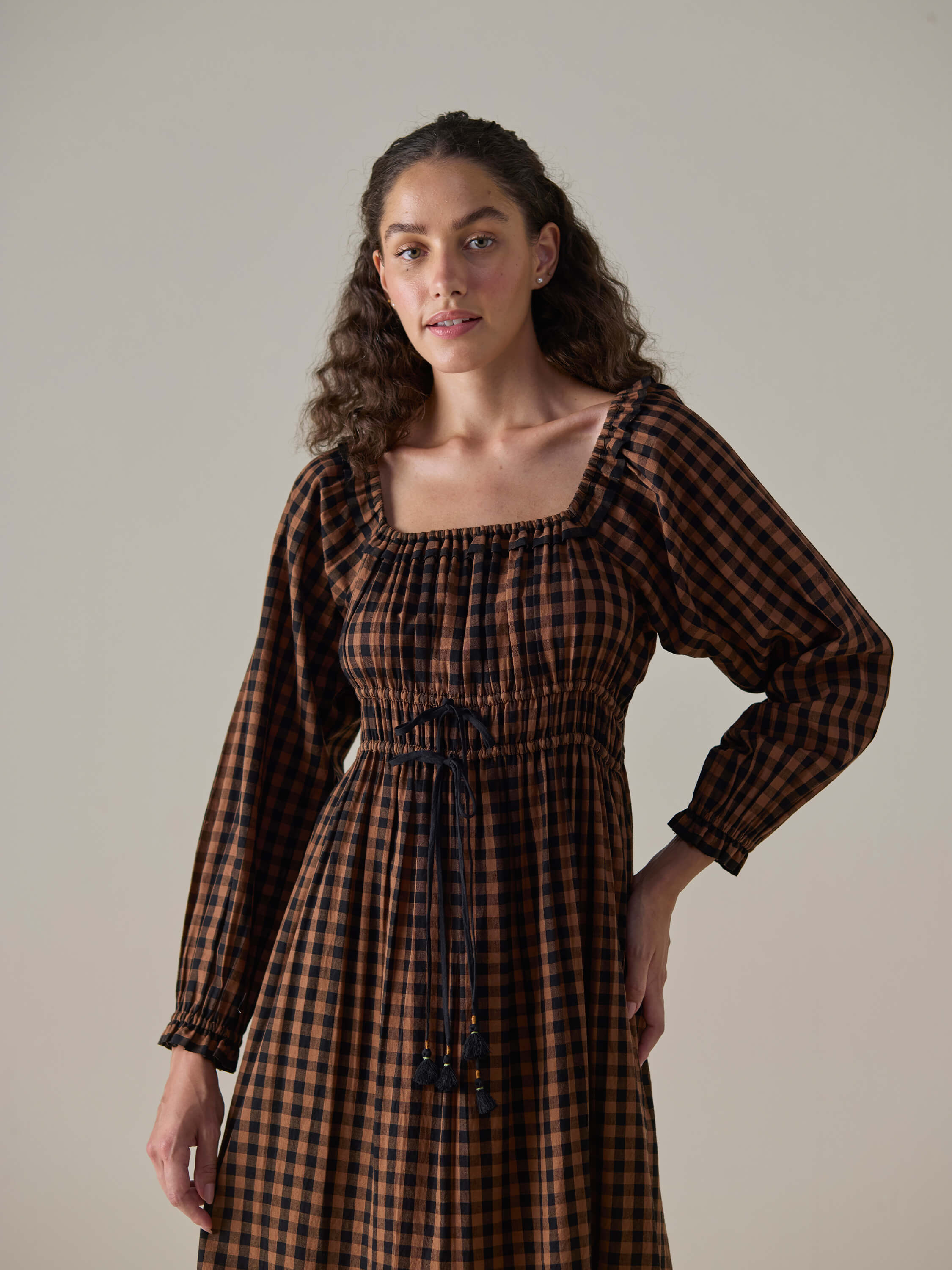 Mocha Check Shirred Dress