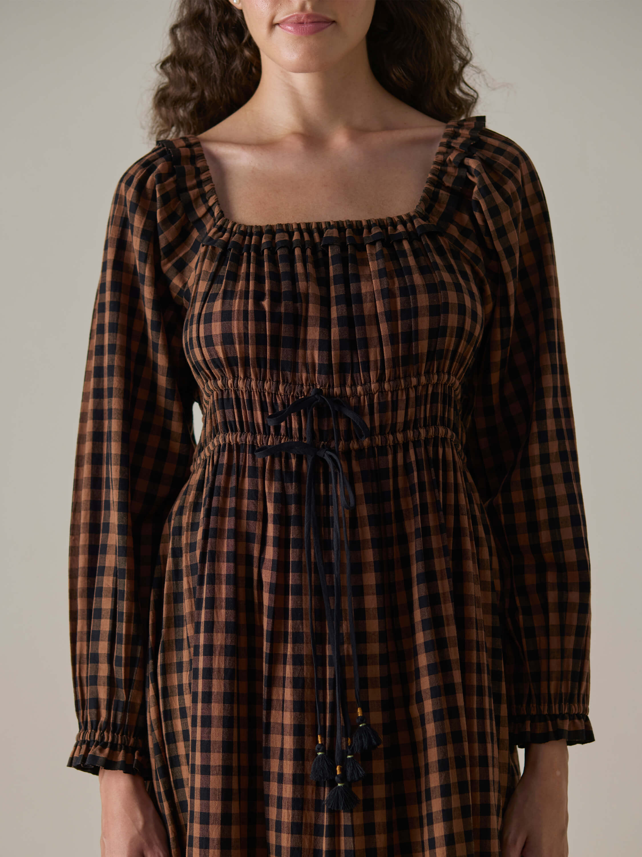 Mocha Check Shirred Dress