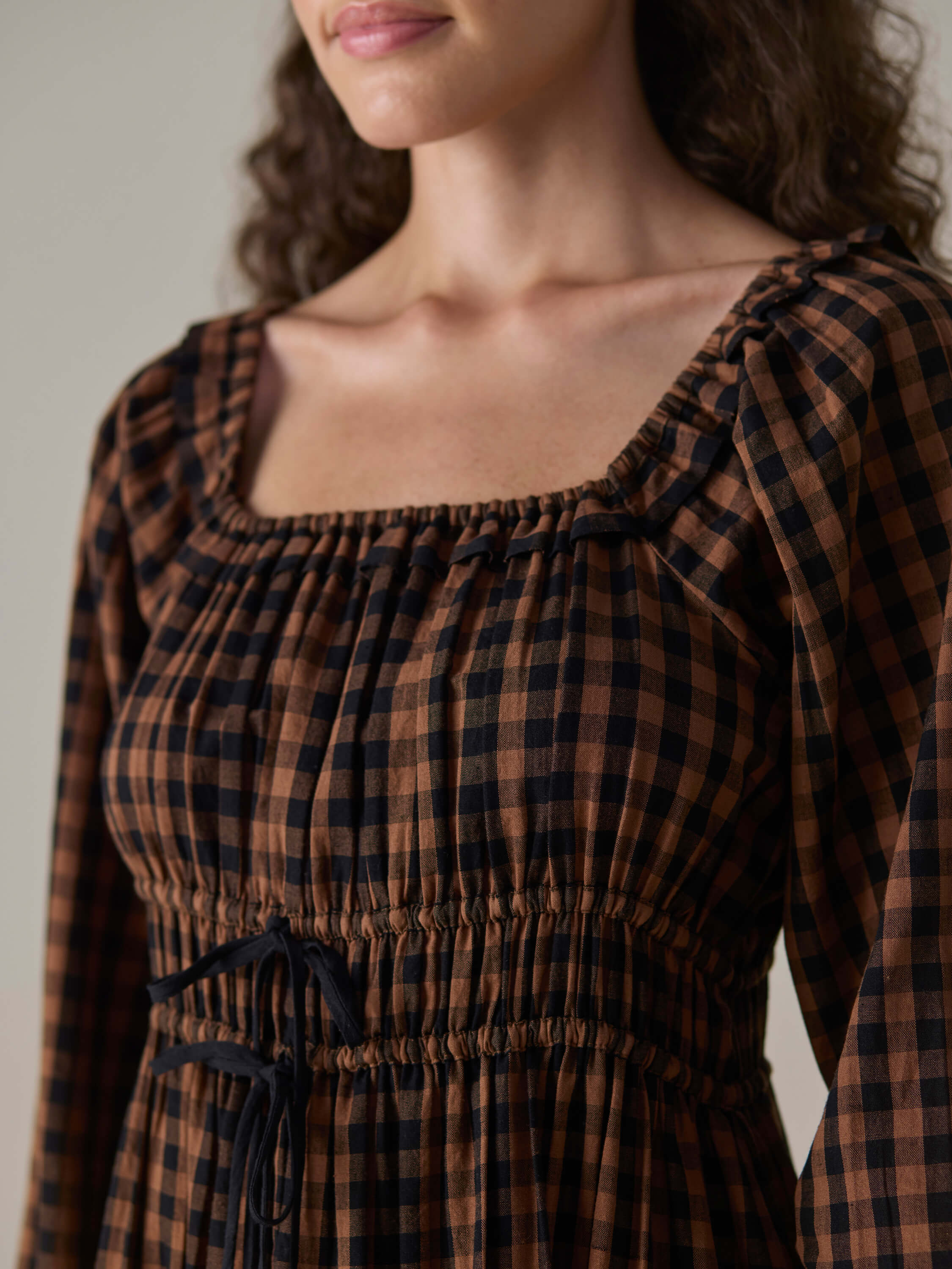 Mocha Check Shirred Dress