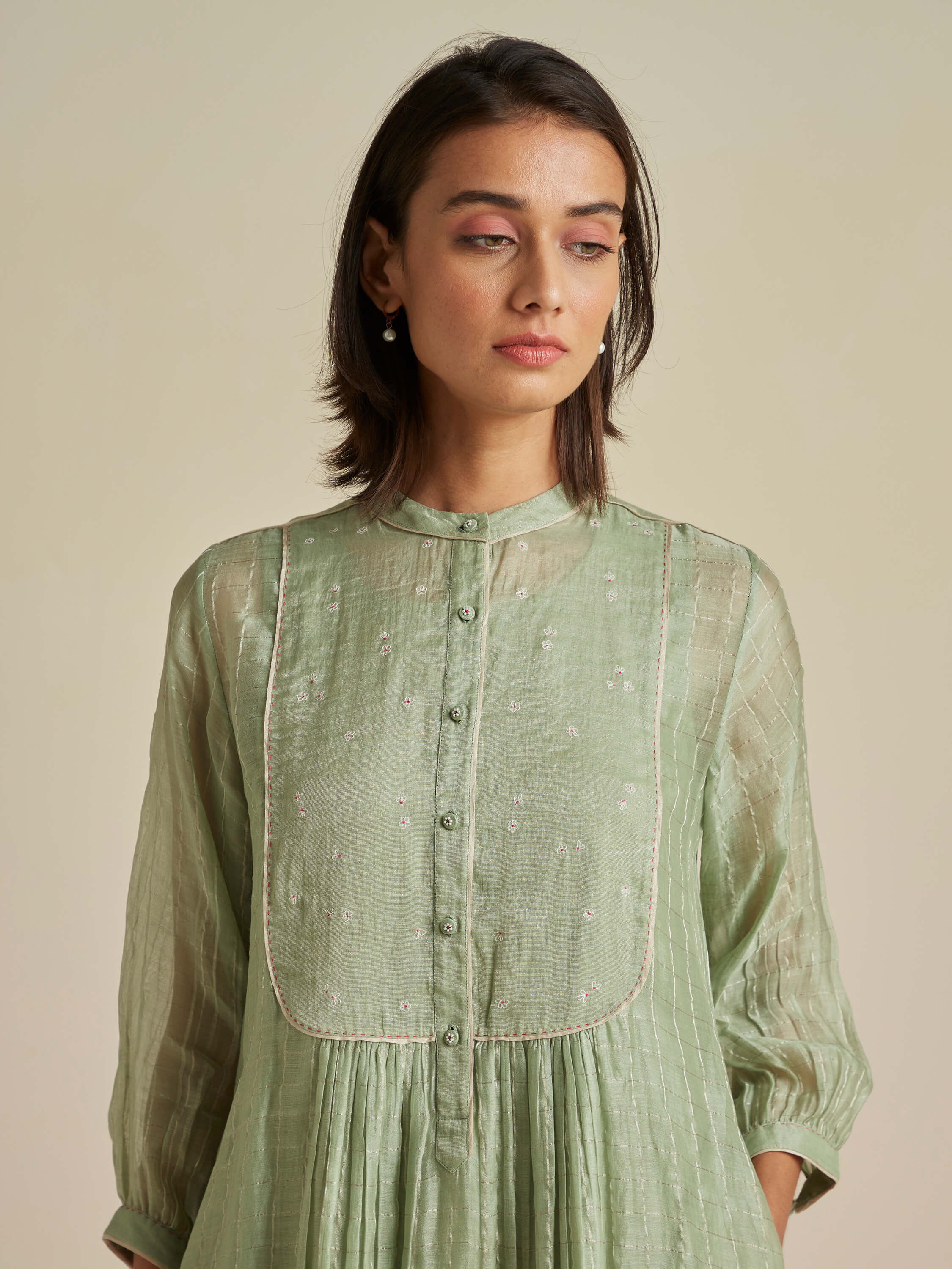 Seafoam Mandarin Collar Dress - BunaStudio