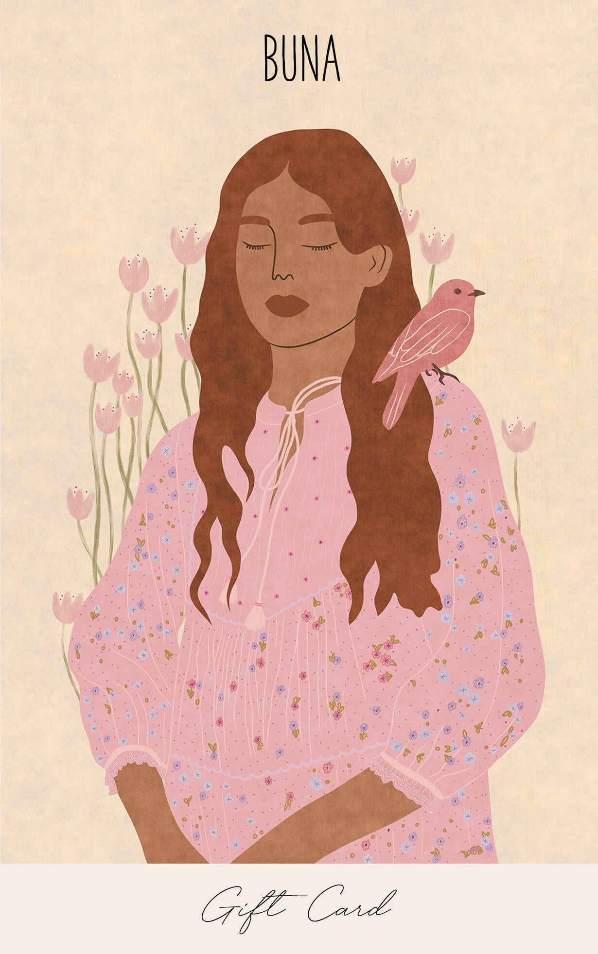 Illustrated woman with bird and flowers on gift card