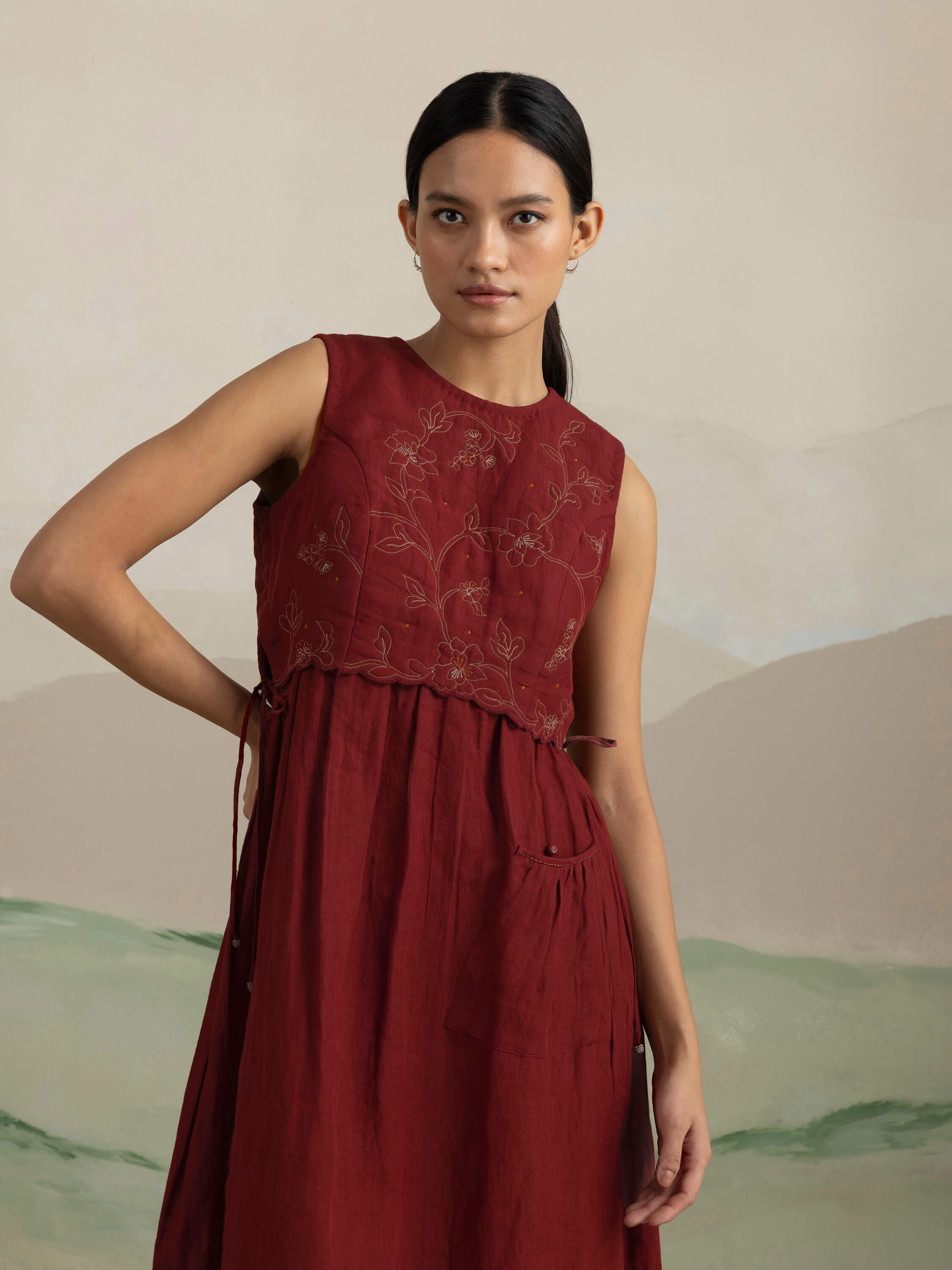 Berry Quilt Linen Midi Dress - Image 2